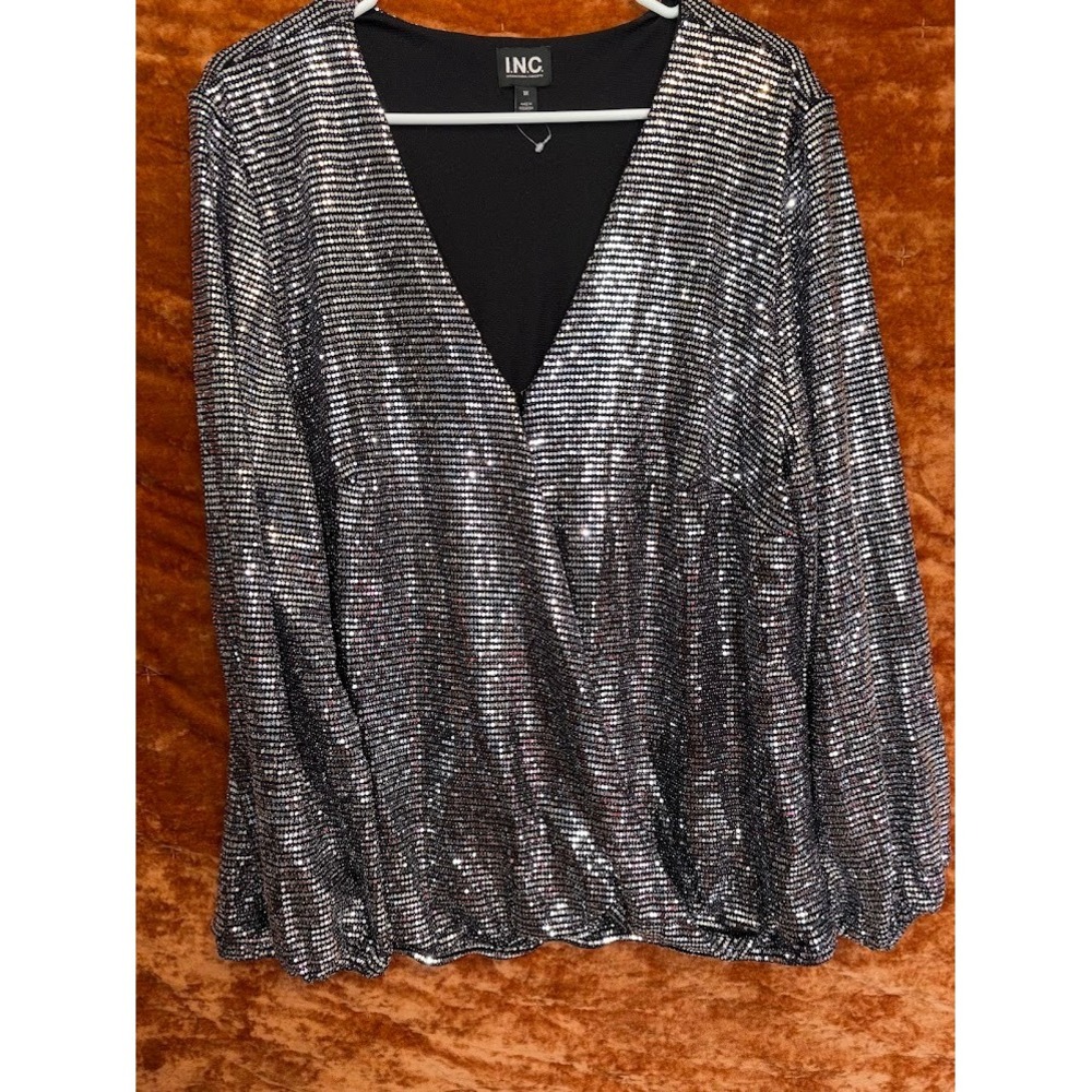 INC International Concepts Silver Sequin Surplice V-Neck Blouse Top Womens 3X